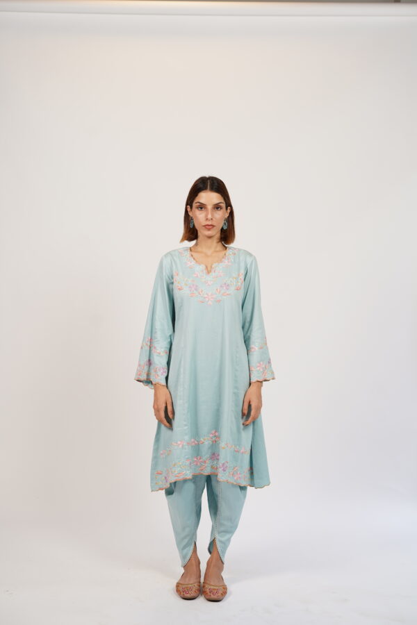 Full ensemble view of VaadiByLiza’s sky blue Kalidar kurta set with coordinated bottom and organza dupatta.